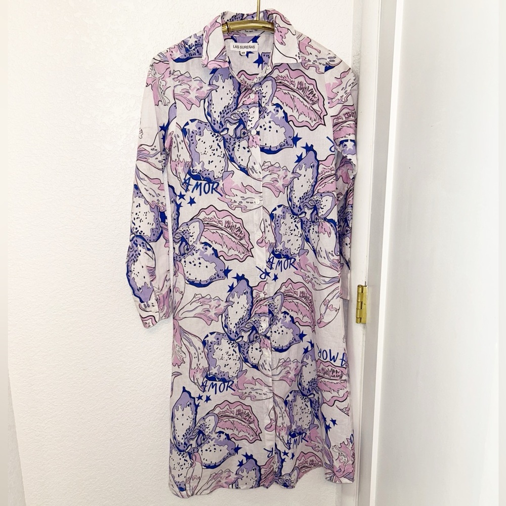NWoT LAS SUREÑAS The Amor Graphic Linen Shirt Long Sleeve MIDI Dress SZ: X-Small